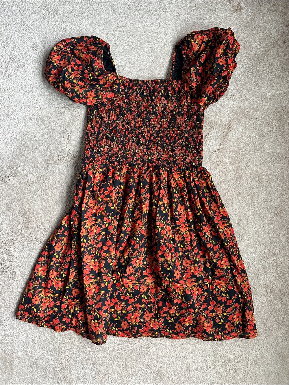 Girl's (teen) Black Dress with Red Floral Print Puff Sleeves